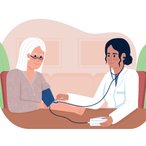 The doctor points to icons of a blood pressure cuff, cholesterol vial, and scale. A patient gets a routine check-up.